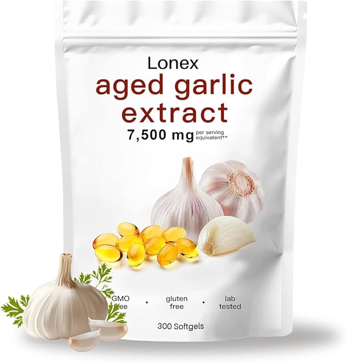 Lonex Aged Garlic Extract7500mg Odorless Organic Garlic Capsules for Heart &amp Immune Antioxidant SupplementsVegetarian All-Natural Non-GMOGluten-Free300 Softgels