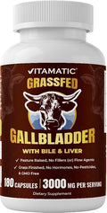 Vitamatic Grass-Fed Beef Gallblader with Bile &amp Liver 180 Capsules – Freeze-Dried Non-GMO Bovine Liver Supplement – Pasture-Raised Glandular-Based Formula