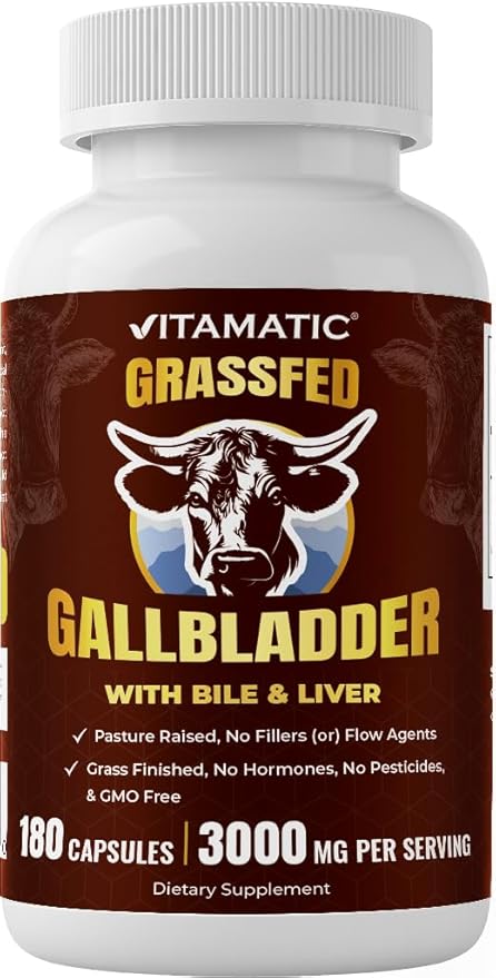 Vitamatic Grass-Fed Beef Gallblader with Bile &amp Liver 180 Capsules – Freeze-Dried Non-GMO Bovine Liver Supplement – Pasture-Raised Glandular-Based Formula