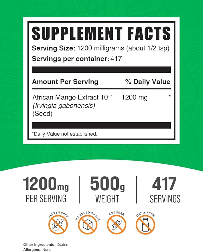 BulkSupplements.com African Mango Extract Powder - Irvingia Gabonensis African Mango Powder - Gluten Free 1.2g per Serving 500g (1.1 lbs) (Pack of 1)
