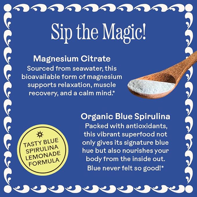 Wooden Spoon Herbs Magic Magnesium Citrate Powder Drink Mix (Blue Lemonade) | 200mg Sea-Sourced Magnesium | Relaxation Hydration &amp Digestive Support | Easy Mix Magnesium Supplement Powder | 3.7oz