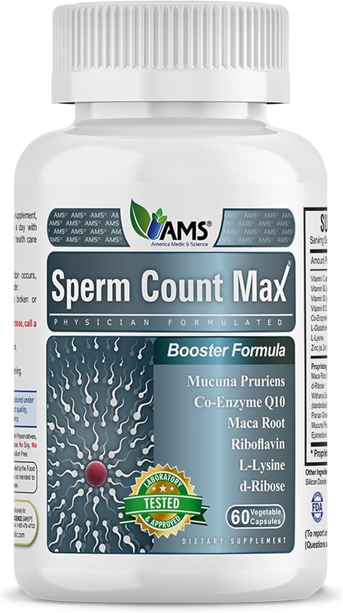 America Medic &amp Science Sperm Count Max (60 Capsules) | Male Fertility Supplement | Enhances Sperm Count and Reproductive Health | Prenatal Vitamins for Men | with Zinc CoQ10 Vitamin C B2 and