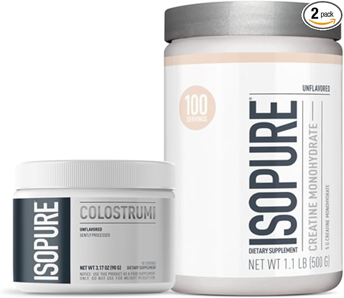 Bundle of Isopure Bovine Colostrum Supplement Powder Gently Processed 90 Servings + Isopure Unflavored Creatine Monohydrate Powder 5g Creatine Monohydrate per Scoop 100 Servings 500g