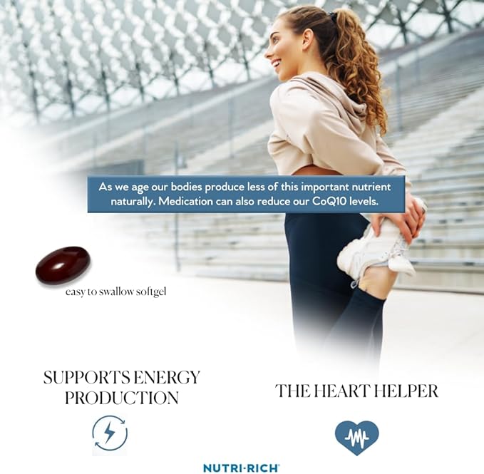 Nutri-Rich CoQ10 Softgels Coenzyme Q10 Ubiquinone for Heart &amp Energy Statin Usage &amp Cellular Health Third Party Tested GMP Quality No Artificial Additives No Soy Gluten Free 90 Count