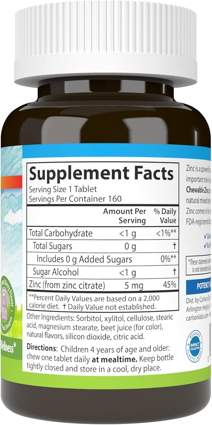 Carlson - Kid's Chewable Zinc 5 mg Health Support Natural Mixed Berry Flavor 160 Tablets