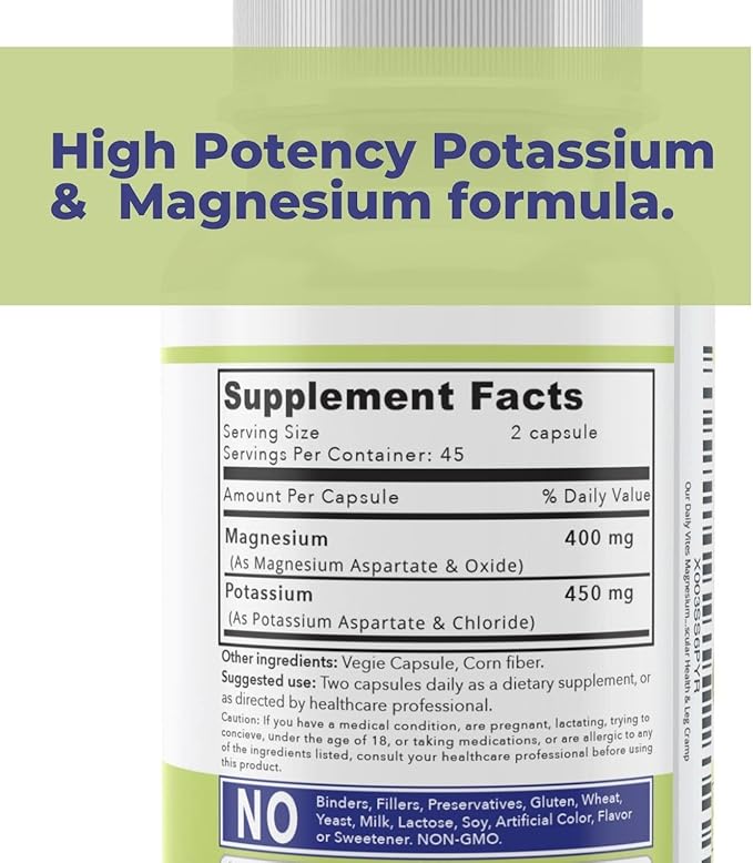 Our Daily Vites Magnesium Potassium Complex 90 Capsules Supplement High Absorption Magnesium Aspartate Oxide Support Vascular Health &amp Leg Cramp Potassium Aspartate Chloride