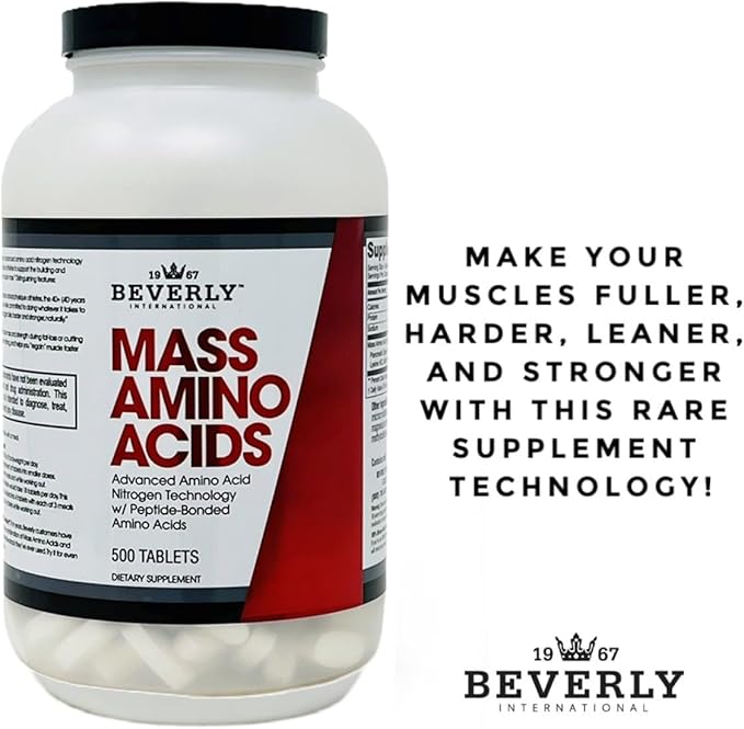 Beverly International Mass Amino Acids 500 Tabs. Use Pre-Post Workout with Meals Essential for Muscle Recovery and Repair. Complete Amino Acid Profile