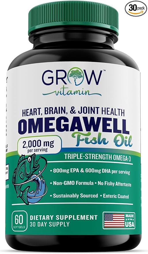 grow vitamin Triple Strength Omega 3 Fish Oil 800 mg EPA 600 DHA Supplement for Heart Brain &amp Immune Support Absorbable Triple Strength Sustainably Sourced - Mini Softgels - 30 Day Supply