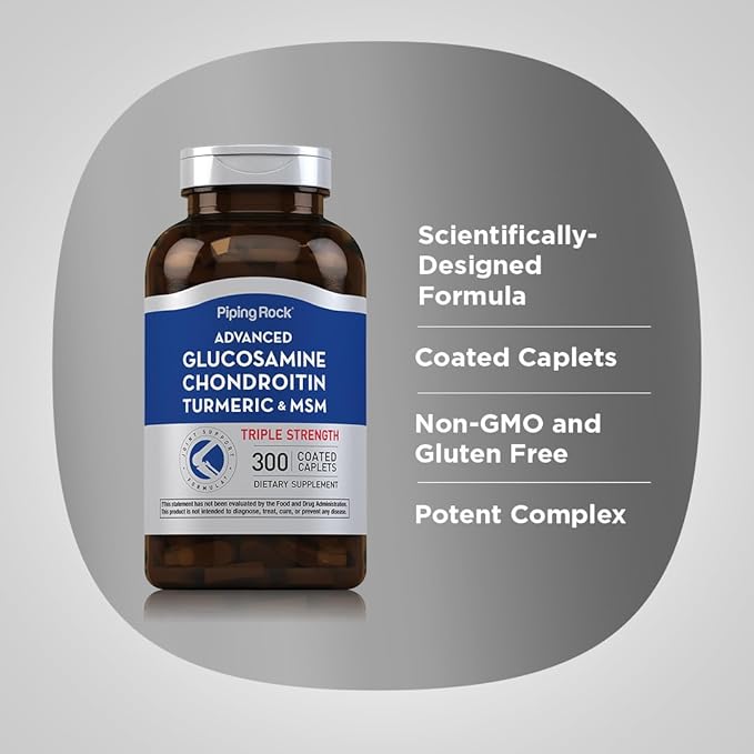 Piping Rock Glucosamine Chondroitin MSM Turmeric | 300 Caplets | Supplement for Women and Men | Advanced Triple Strength Complex | Non-GMO &amp Gluten Free