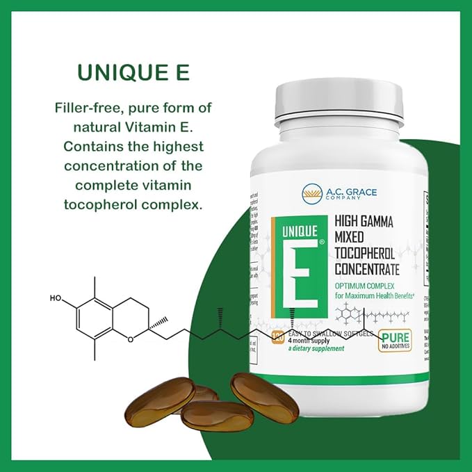 UNIQUE E A.C. Grace Company Mixed Tocopherols 120 Soft Gels Supports Healthy Brain Function General Health and Aging Support All-Natural Vitamin E and Kosher