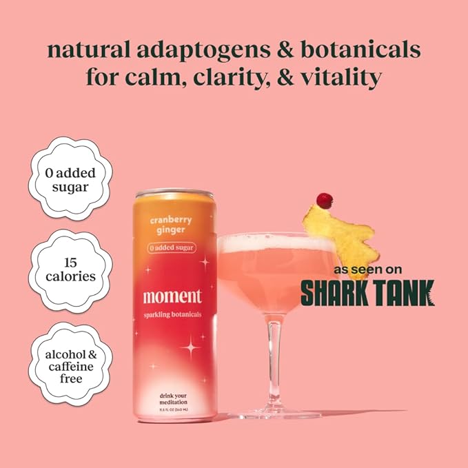 Moment Botanical Soda Soft Drink (Shark Tank) - SPARKLING Non Alcoholic Drinks | Cranberry Ginger | L-Theanine &amp Ashwagandha for Calm &amp Clarity | 0 Added Sugar 0 Caffeine | 12-pack