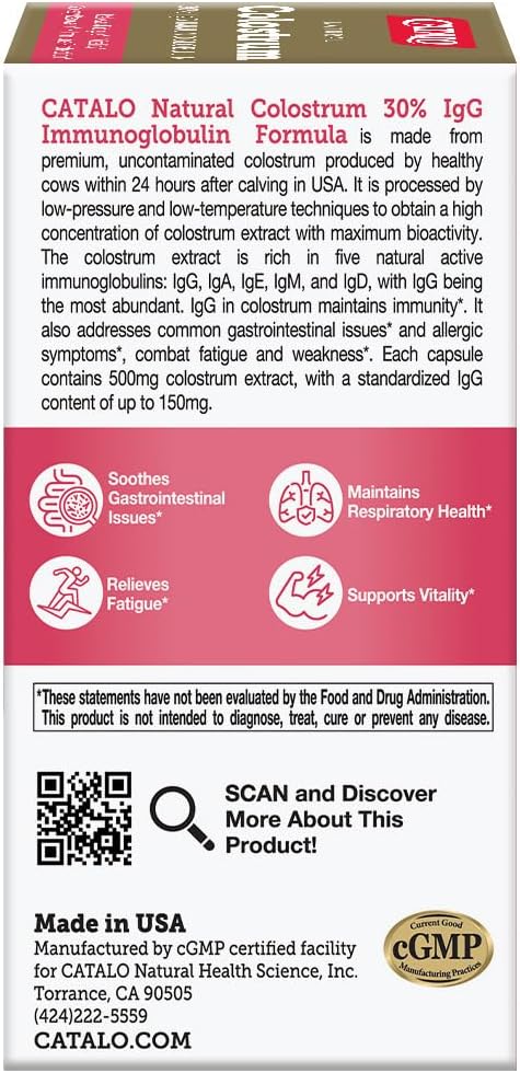 CATALO Bovine Colostrum Supplement for Women &amp Men - 30% IgG Immunoglobulins Formula - 500mg Colostrum Extract per Capsule - Plant-Based Capsules 30 Capsules