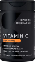 Sports Research High Potency Vitamin C Supplement - Vegan Veggie Capsules for Antioxidant Activity &amp Immune Support - Non-GMO Verified &amp Gluten Free - Ascorbic Acid Vitamin C 1000mg 240 Count