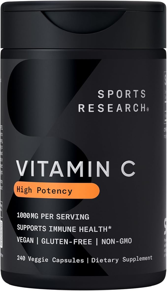 Sports Research High Potency Vitamin C Supplement - Vegan Veggie Capsules for Antioxidant Activity &amp Immune Support - Non-GMO Verified &amp Gluten Free - Ascorbic Acid Vitamin C 1000mg 240 Count