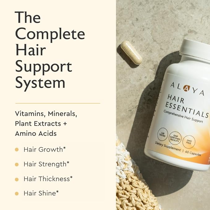 Alaya Hair Essentials - Hair Supplement with Biotin Keratin Folic Acid Vitamin B12 B6 - Lab Tested - Gluten Free - 30 Day Supply