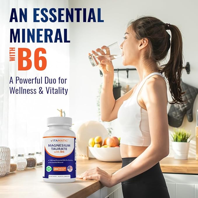 Vitamatic 2 Pack - Magnesium Taurate 1500mg per serving - 180 Vegetarian Capsules (Provides 300 mg of Elemental Magnesium) - Added B6 for Maximum Absorption - Supports Muscle Joint and Heart Health*