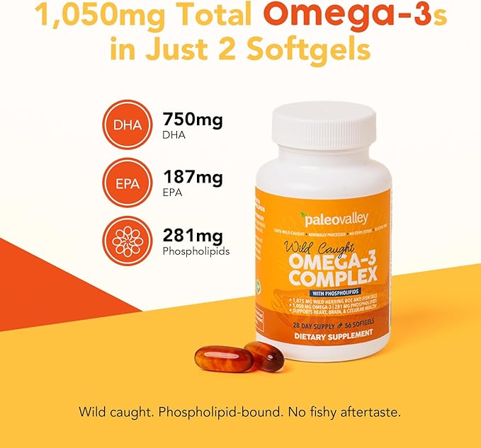 Paleovalley Omega-3 Complex Wild Caught Fish Oil Softgels 1050mg Omega-3s 750mg DHA 187mg EPA Phospholipid Bound Omega-3 Supplement for Brain Heart and Joint Health 28 Servings