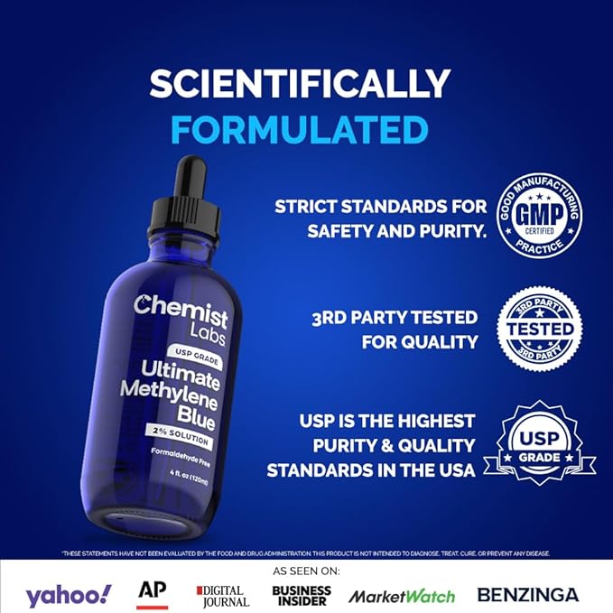 2% Pharmaceutical Grade Methylene Blue Liquid Solution - 99% Purity USP Grade Blue Methylene Cellular &amp Mitochondrial Support Third-Party Tested Made in USA 4oz