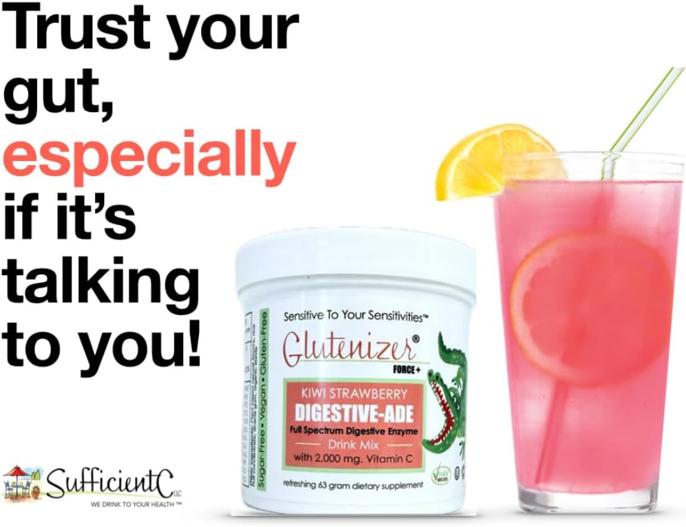 Sufficient-C - Glutenizer Force Plus Kiwi-Strawberry Digestive-Ade Drink Mix - Naturally Effective Premium Full Spectrum Enzyme Blend with 2000 mg. Vitamin C - Acid Reflux Indigestion Solution
