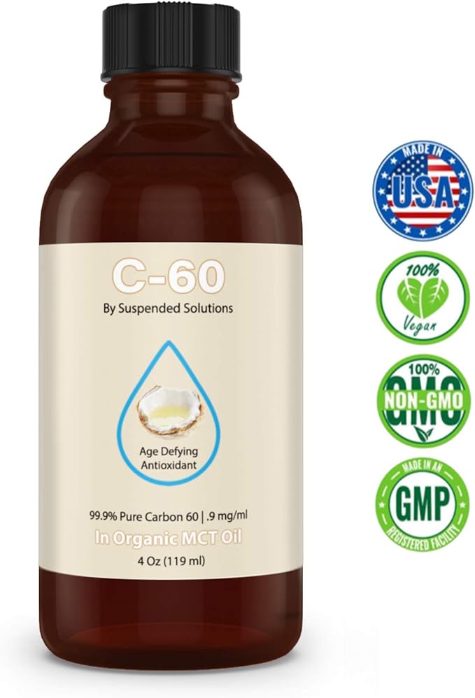 Carbon 60 C60 in MCT Oil – 4oz Glass Bottle 108mg Pure C60 99.9% Solvent Free Organic Extra Virgin MCT Antioxidant Supplement