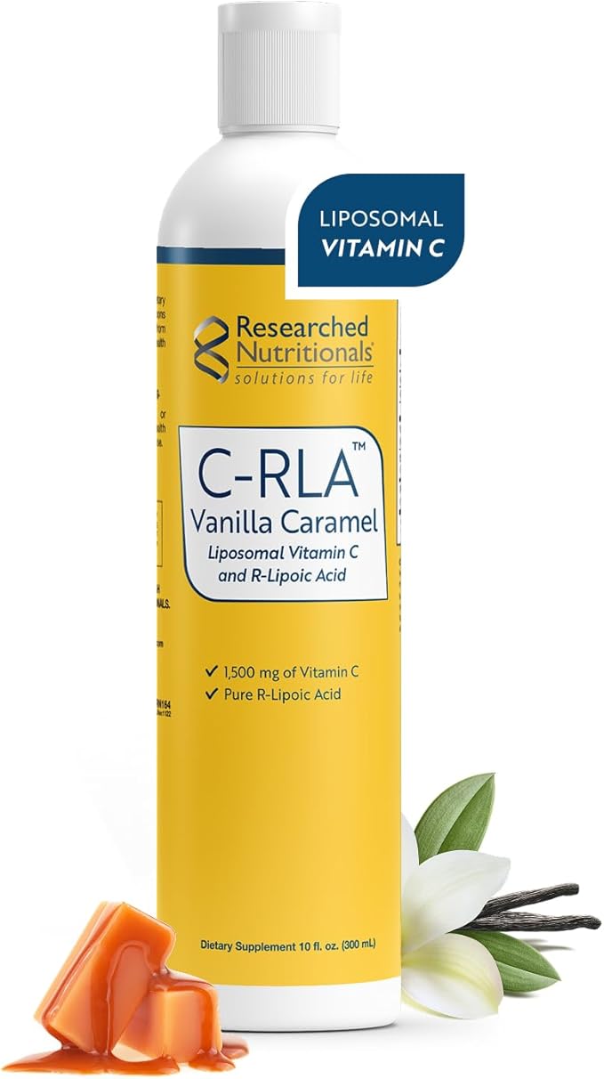 Researched Nutritionals C-RLA - Liposomal Vitamin C with R Lipoic Acid to Support Detox - Vegan &amp Soy-Free Vitamin C Liquid Vanilla Caramel Flavor (10 Fl Oz)