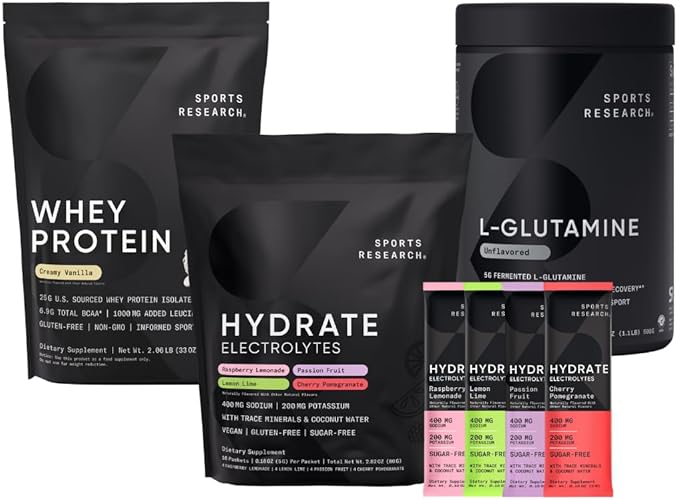 Sports Research L-Glutamine (100 Servings) Sugar-Free &amp Naturally Flavored Hydrate Electrolytes (16x Variety Pack) and Vanilla Flavored Whey Protein Isolate (26 Servings)