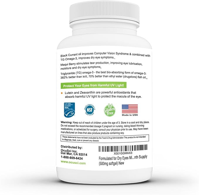 Formulated for Dry Eyes Mini-softgels of Ultra Pure Omega-3 Black Currant Oil Maqui Berry Lutein Zeaxanthin Vitamins B12 and D3 (2 Month (180 mini softgels)
