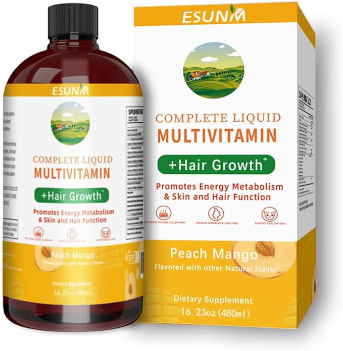 ESUNM Complete Liquid Multivitamin + Hair Growth Promotes Energy Metabolism&amp Skin and Hair Function| Vitamin C D | B Vitamins | Help to Thicker Hair Wrinkles Fine Lines Skin Care (16.23 Fl Oz)