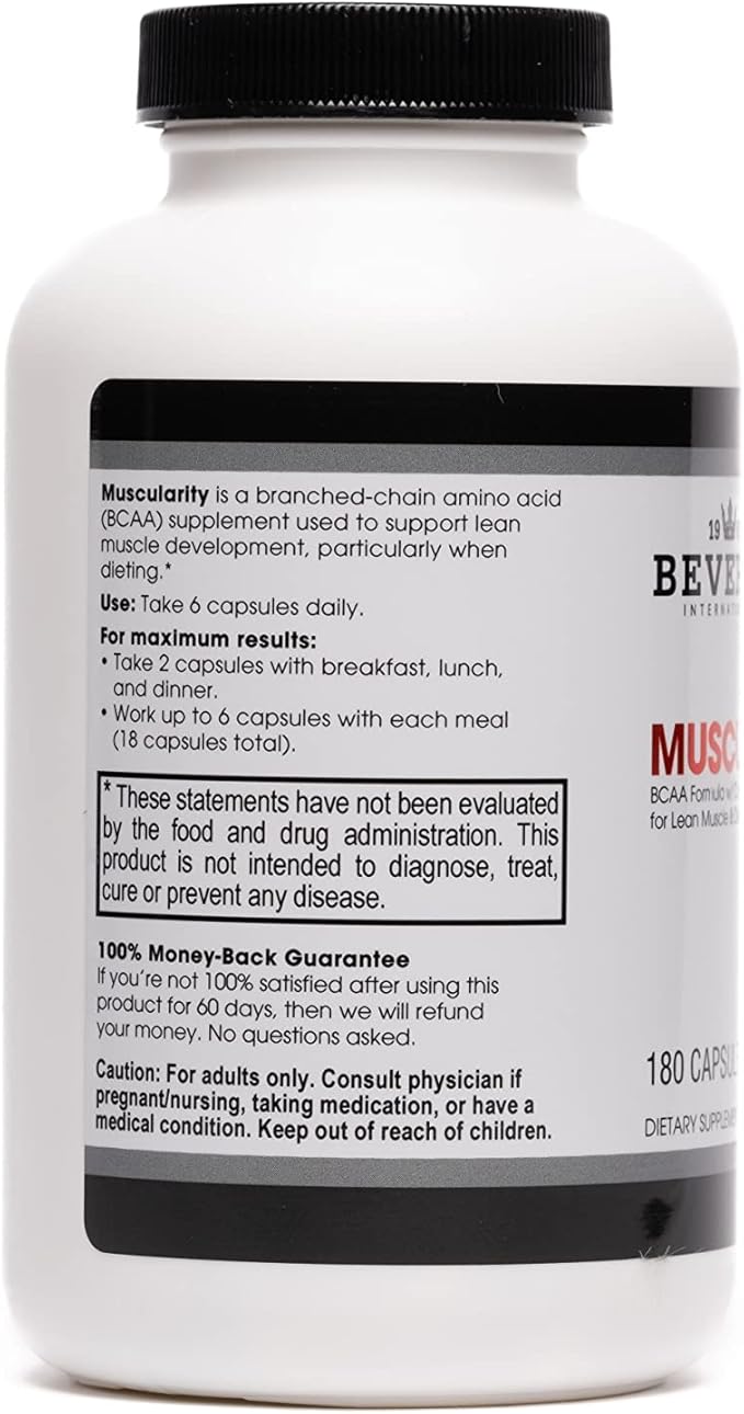 Beverly International Muscularity Specialty BCAA Formula 180 Capsules. Branched Chain Amino Acids + Chromium Picolinate B6-B12. Improves Energy Metabolism - Muscle Recovery - Muscle Guard.