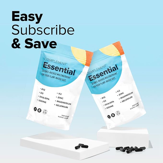 Complement Essential Vegan Multivitamin for Men &amp Women (30 Servings 90 Capsules) with Omega-3 DHA &amp EPA B12 Vitamin D3 &amp K2 Zinc Selenium Magnesium Iodine - Supports Immunity &amp