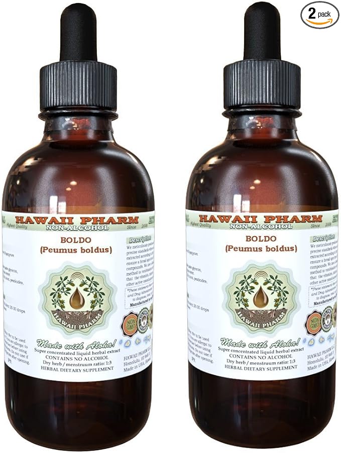 Hawaii Pharm Boldo Alcohol-Free Liquid Extract Boldo (Peumus boldus) Dried Leaf Glycerite Natural Herbal Supplement 2x4 oz