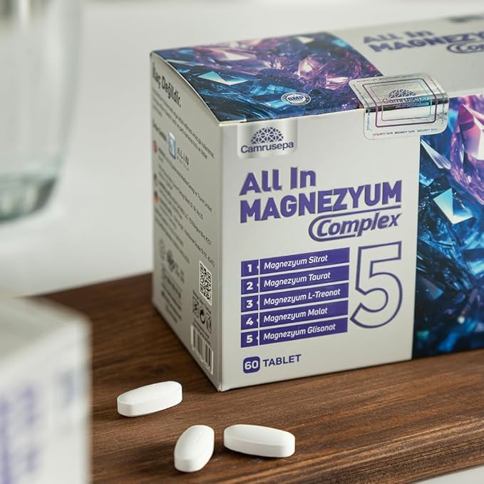 All in Magnezyum Complex 5 – Five Forms of Magnesium (L-Threonate Taurate Citrate Glycinate Malate) - Supports Muscle Function Nerve Support &amp Energy Production – 60 Tablets