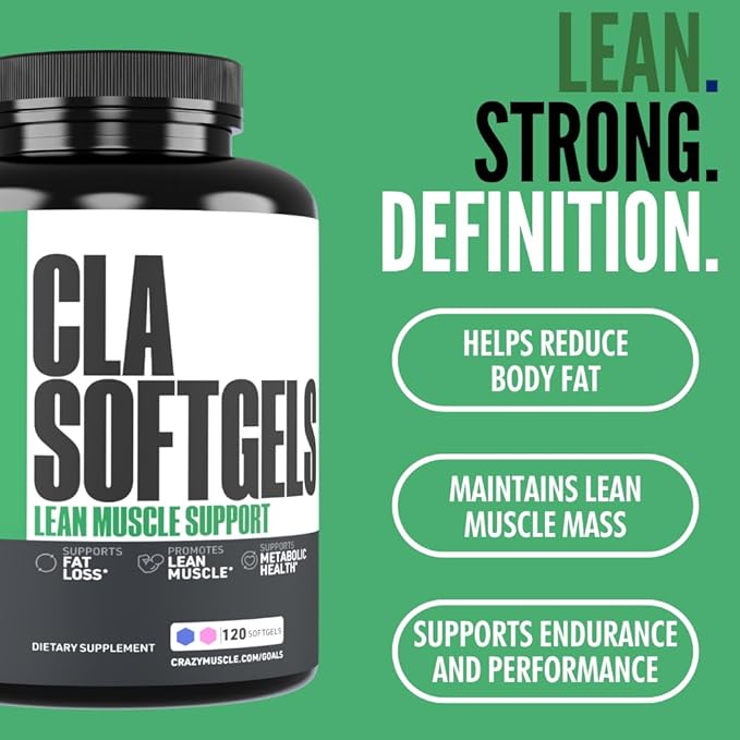Crazy Muscle CLA 1000mg Conjugated Linoleic Acid Fat Burner for Weight Management &amp Muscle Definition High Potency Keto-Friendly Non-Stimulant CLA Supplement Non-GMO 120 Serving Softgels