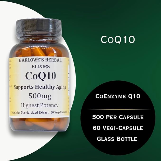 Barlowe's Herbal Elixirs CoQ10 | Ubiquinone | Hi-Potency | 500 mg Per Capsule | Stearate-Free | Encased in Recyclable Glass Bottle | Heart Health Support | 60 Veggie Capsules