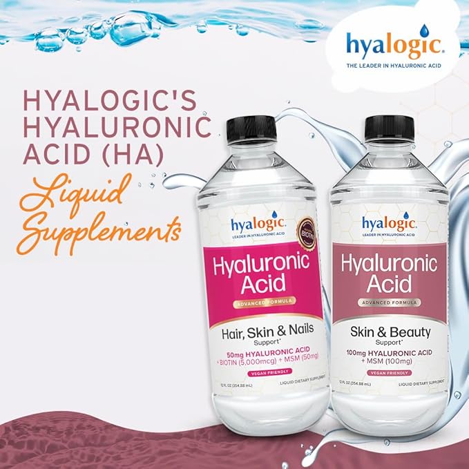 Hyalogic Liquid Hyaluronic Acid Supplement - Ingestible Skin Support with 100mg HA and 100mg MSM - Natural Hydration for The Face Eyes and Lips - High Molecular Weight Formula - 12 oz
