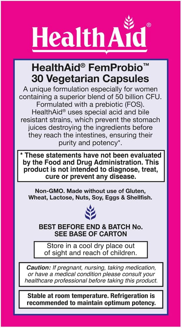 HealthAid FemProbio – Once-Daily Probiotic with Prebiotic Fiber | 50 Billion CFU | 30 Vegetarian Capsules | Acid &amp Bile Resistant Lactose Gluten &amp GMO-Free