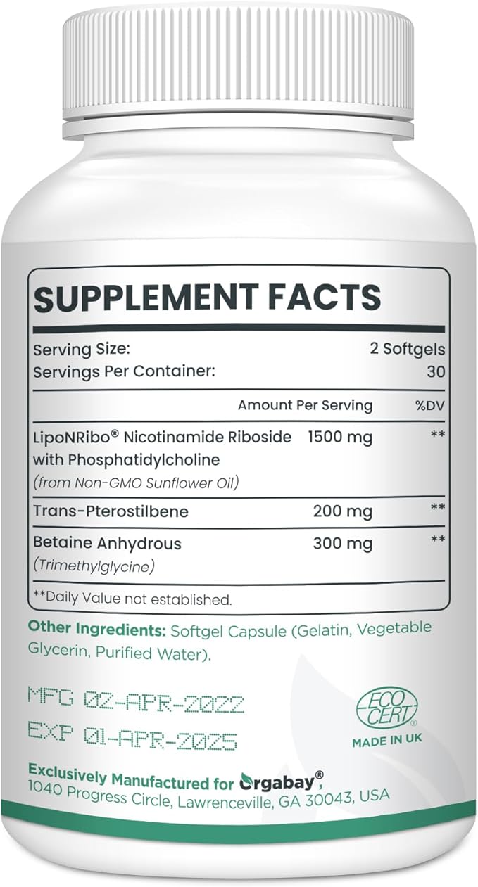 Orgabay Liposomal Nicotinamide Riboside 2000 MG with TMG and Pterostilbene Similar to NMN Supplements Boost NAD+ Metabolism Booster Support Healthy Aging60 Count