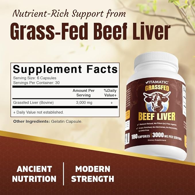 Vitamatic Grass-Fed Beef Liver 180 Capsules – Freeze-Dried Non-GMO Bovine Liver Supplement – Pasture-Raised Glandular-Based Formula