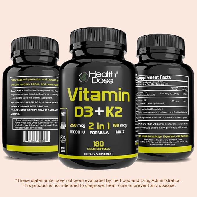 Health Dose Vitamin D3 10000 IU + K2 (MK7) Supplement 2-in-1 Formula Immune Support a Healthy Mood Heart Joint Teeth Bone Health Calcium Absorption 180 softgels. (1)