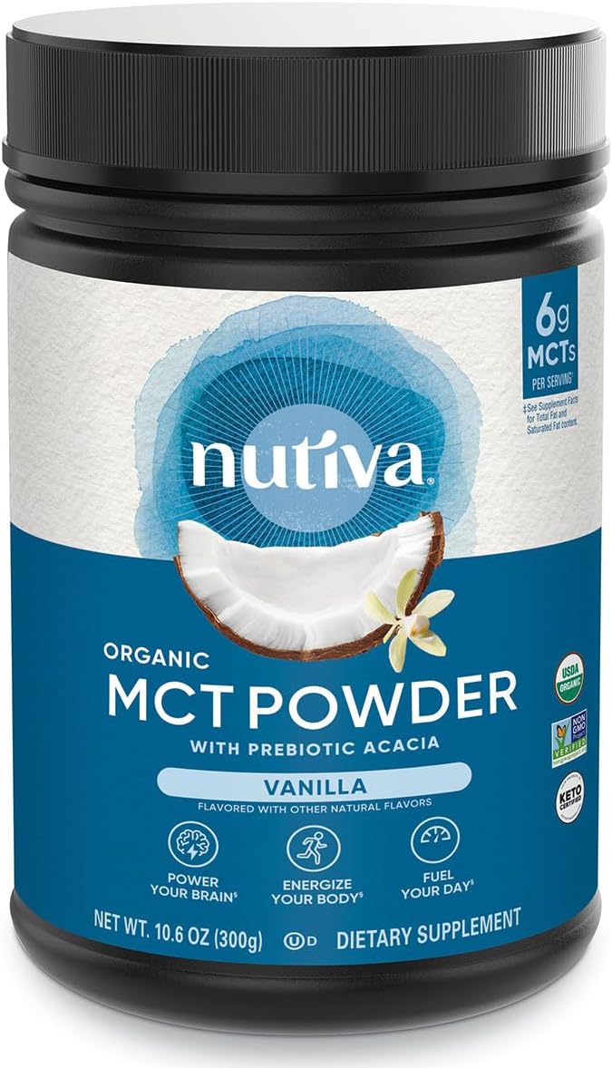 Nutiva Organic MCT Powder with Prebiotic Acacia Fiber Vanilla 10.6 Oz USDA Organic Non-GMO Non-BPA Vegan Gluten-Free Keto &amp Paleo Instant Beverage or Boost to Coffee &amp Smoothies