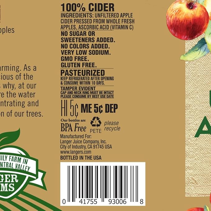 Langer Farms Unfiltered 100% Apple CiderNot from Concentrate 64 Fl Oz (Pack of 8)