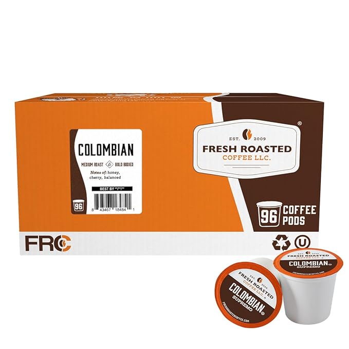 Fresh Roasted Coffee 100% Colombian Medium Roast 96 Pods for K Cup Brewers