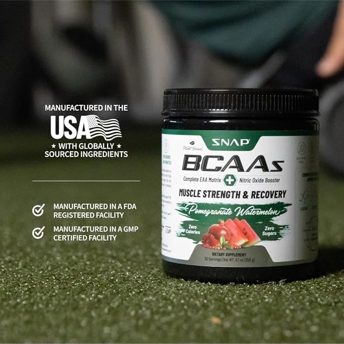 Snap Supplements BCAA Powder - 5g Vegan Branched Chain Amino Acids (2:1:1 Leucine Isoleucine Valine) + Essential Amino Acids with Nitric Oxide Booster 30 Servings Pomegranate Watermelon