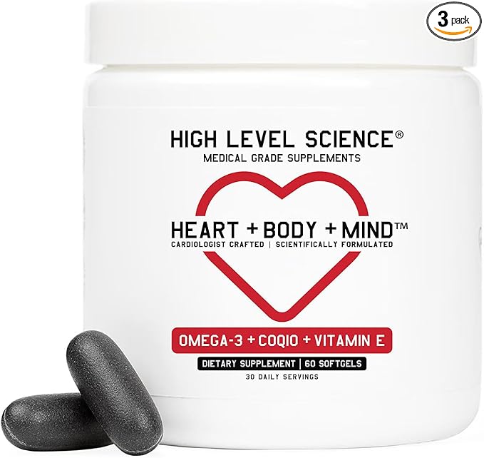 High Level Science CoQ10 Omega-3 Vitamin E - Cardiologist Formulated for Heart + Body + Mind Health with DHA/EPA Antioxidant for Energy Superior Bioavailable Fish Oil - Gluten Free (3)