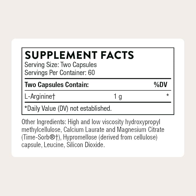 THORNE - L-Arginine - Sustained-Release - Supports Heart Health Nitric Oxide Production Exercise Capacity &amp Optimal Blood Flow* - Third-Party Certified - Gluten Dairy &amp Soy-Free - 120 Capsu