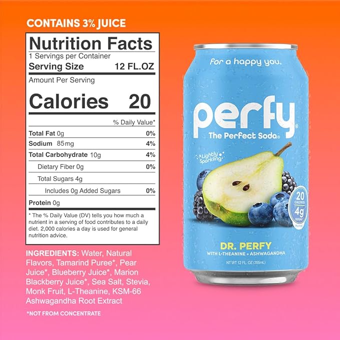 PERFY Caffeine Free Healthy Soda Variety Pack | Made With Real Fruit Juice – Low Sugar Nootropic Drinks with L-Theanine + Turmeric or Ashwagandha | Calming Functional Mocktail Sampler | Keto + GLP-1 F