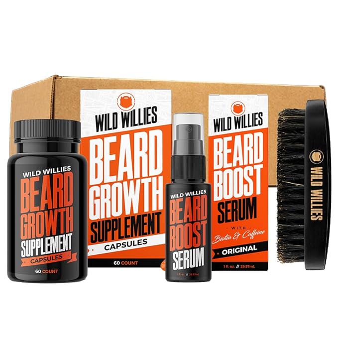 Wild Willies All-in-One Beard Growth Kit - Includes Beard Boost Serum Oil &amp Growth Supplement Boar Bristle Brush - Perfect Grooming Kit for Men - Achieve Thicker Fuller Healthier Beard