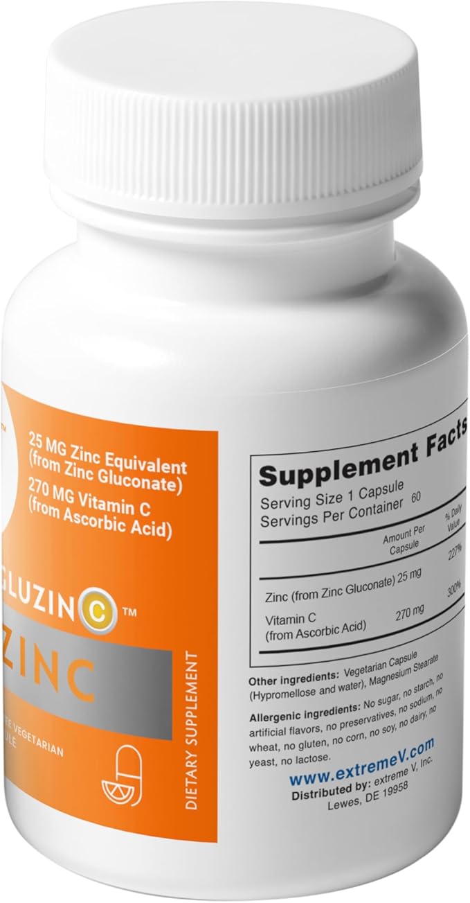 GluzinC Zinc &amp Vitamin C Supplement | 25 mg Zinc Gluconate + 270 mg Ascorbic Acid | Daily Immune Nutrients | 60 Veg Caps
