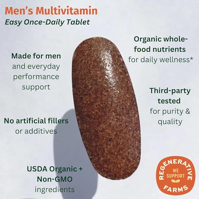 Men’s Multi Once Daily Whole-Food Multivitamin with 19 Vitamins &amp Minerals for Energy Heart Bone Strength Prostate &amp Immune Support Vegan Non-GMO 60 Count