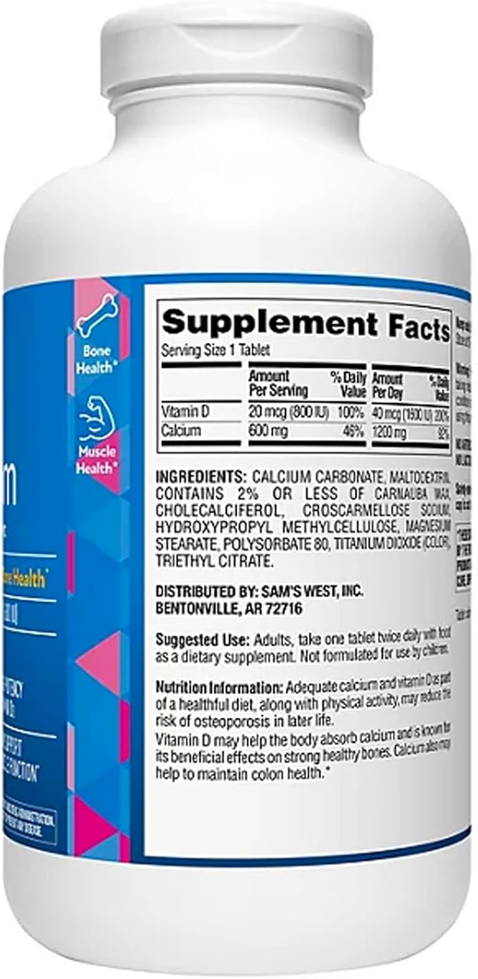 Members Mark Calcium with Vitamin D3 Tablets 600 ct. - Supports Bone &amp Muscle Health - High Potency Calcium 1200 mg &amp Vitamin D3 40 mcg